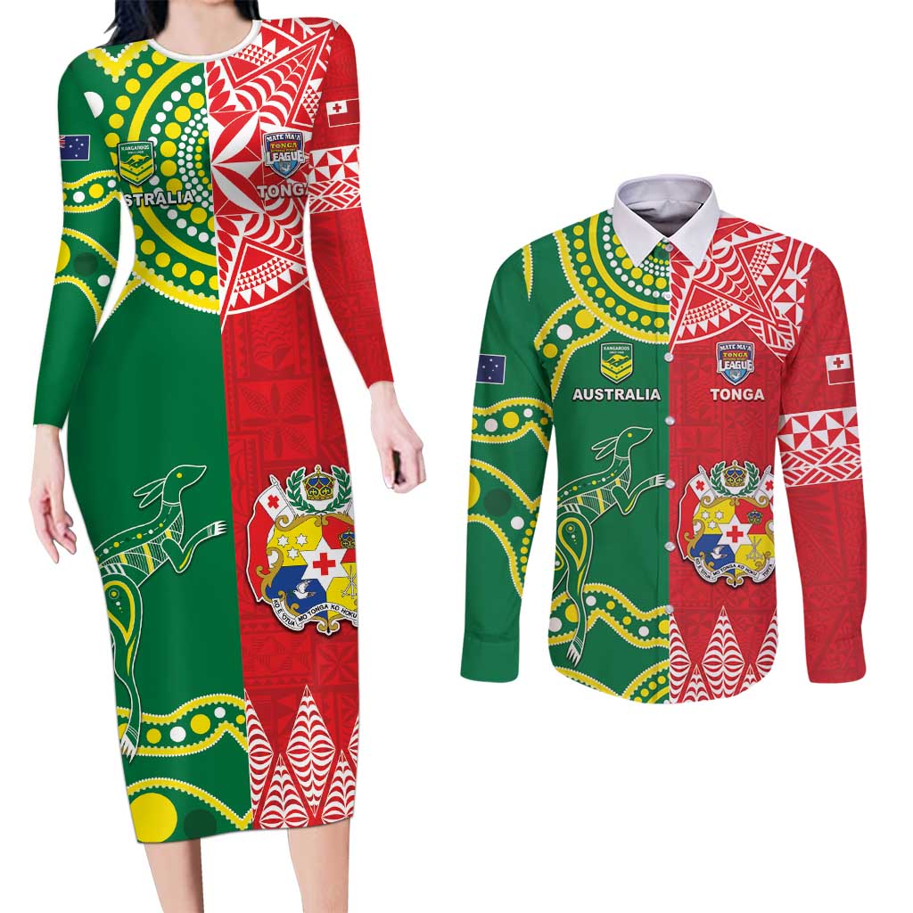 Custom Tonga XIII And Australia Kangaroos Couples Matching Long Sleeve Bodycon Dress and Long Sleeve Button Shirt Mate Maa Tongan Ngatu With Aboriginal LT05 Red - Polynesian Pride