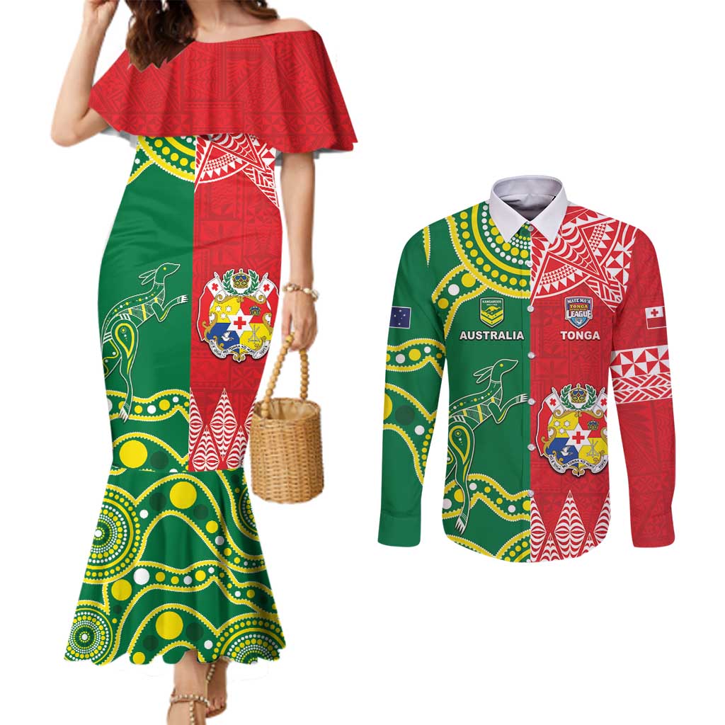 Custom Tonga XIII And Australia Kangaroos Couples Matching Mermaid Dress and Long Sleeve Button Shirt Mate Maa Tongan Ngatu With Aboriginal LT05 Red - Polynesian Pride