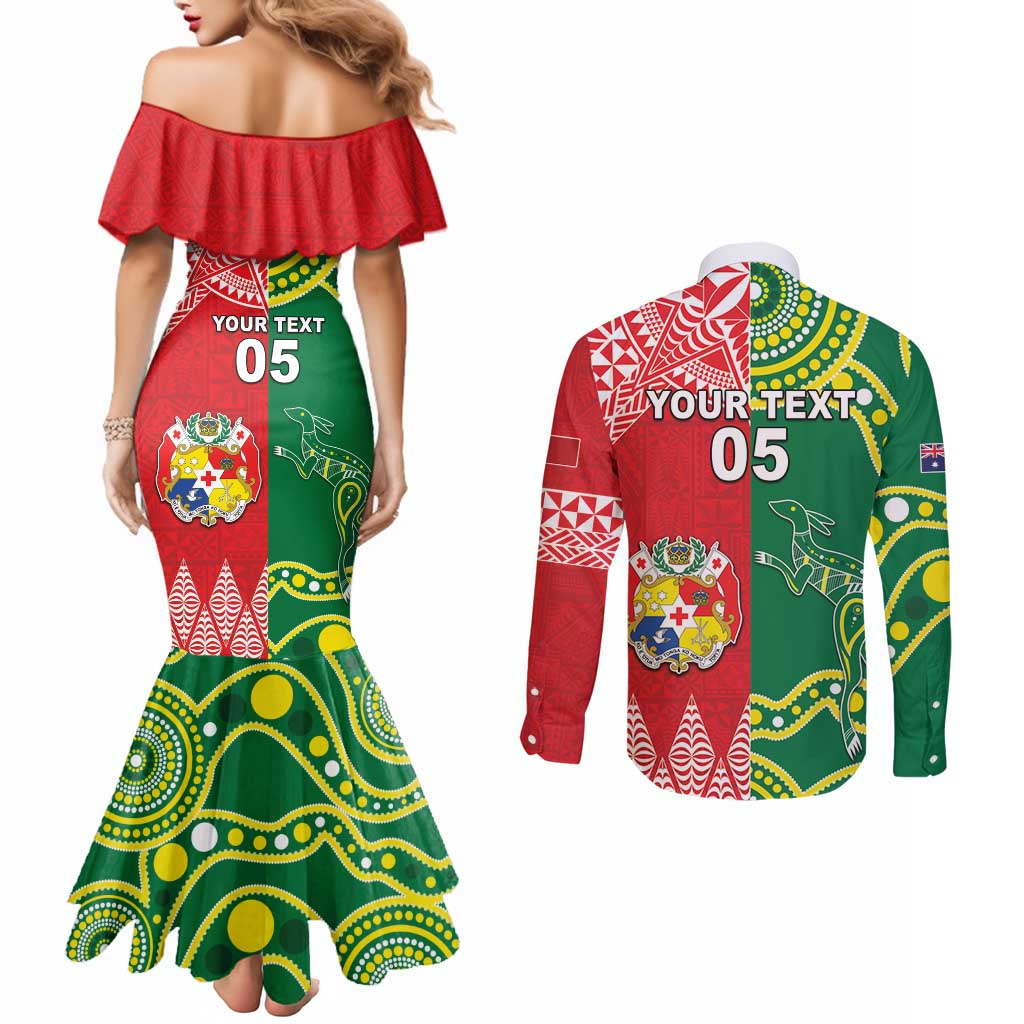 Custom Tonga XIII And Australia Kangaroos Couples Matching Mermaid Dress and Long Sleeve Button Shirt Mate Maa Tongan Ngatu With Aboriginal LT05 - Polynesian Pride