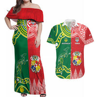 Custom Tonga XIII And Australia Kangaroos Couples Matching Off Shoulder Maxi Dress and Hawaiian Shirt Mate Maa Tongan Ngatu With Aboriginal LT05 Red - Polynesian Pride