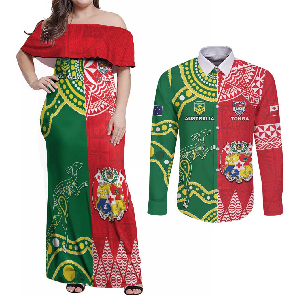 Custom Tonga XIII And Australia Kangaroos Couples Matching Off Shoulder Maxi Dress and Long Sleeve Button Shirt Mate Maa Tongan Ngatu With Aboriginal LT05 Red - Polynesian Pride