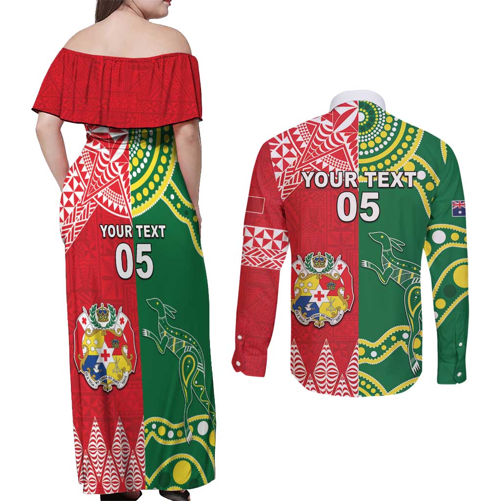 Custom Tonga XIII And Australia Kangaroos Couples Matching Off Shoulder Maxi Dress and Long Sleeve Button Shirt Mate Maa Tongan Ngatu With Aboriginal LT05 - Polynesian Pride