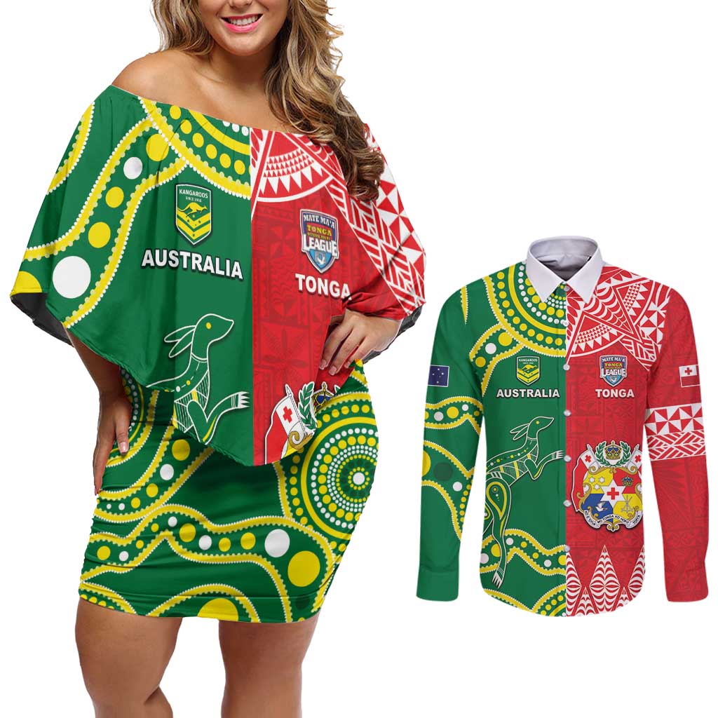 Custom Tonga XIII And Australia Kangaroos Couples Matching Off Shoulder Short Dress and Long Sleeve Button Shirt Mate Maa Tongan Ngatu With Aboriginal LT05 Red - Polynesian Pride