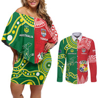 Custom Tonga XIII And Australia Kangaroos Couples Matching Off Shoulder Short Dress and Long Sleeve Button Shirt Mate Maa Tongan Ngatu With Aboriginal LT05 Red - Polynesian Pride
