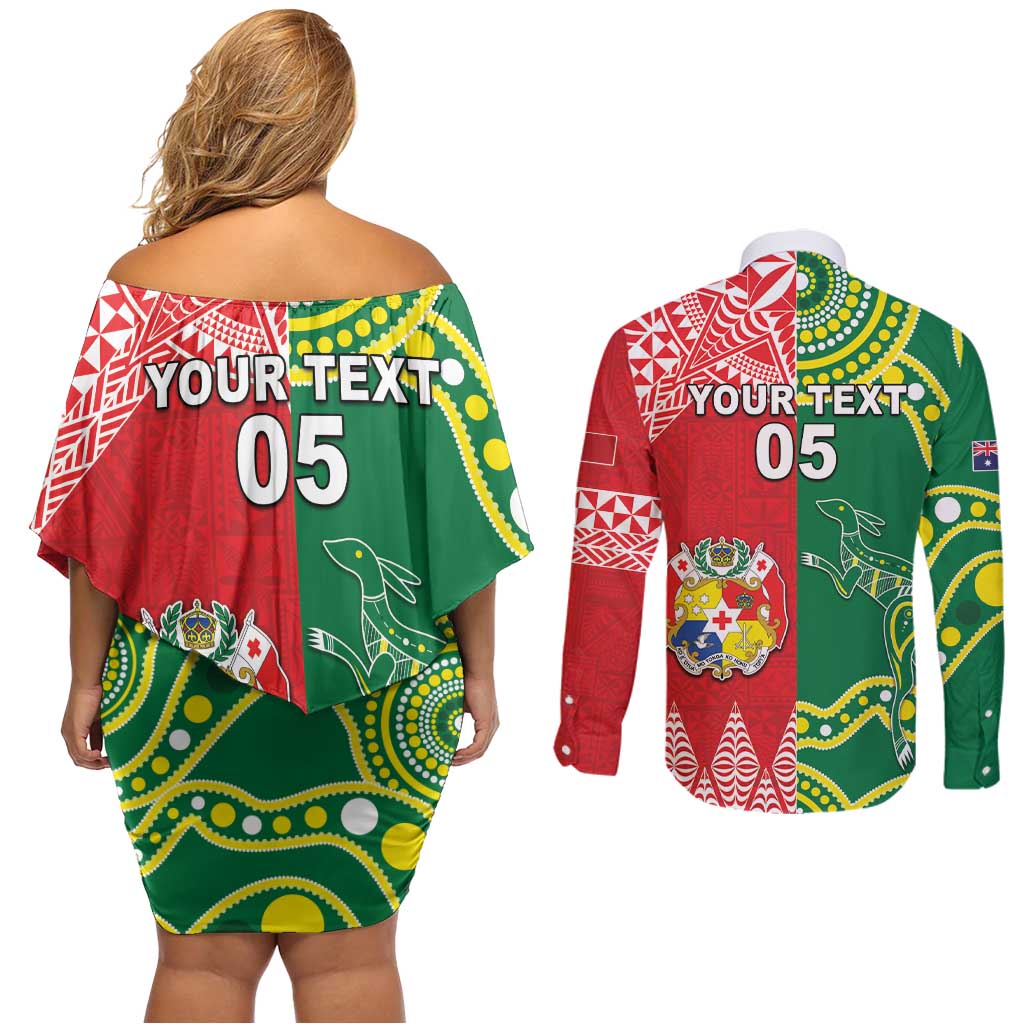 Custom Tonga XIII And Australia Kangaroos Couples Matching Off Shoulder Short Dress and Long Sleeve Button Shirt Mate Maa Tongan Ngatu With Aboriginal LT05 - Polynesian Pride