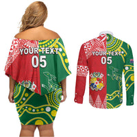Custom Tonga XIII And Australia Kangaroos Couples Matching Off Shoulder Short Dress and Long Sleeve Button Shirt Mate Maa Tongan Ngatu With Aboriginal LT05 - Polynesian Pride
