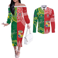 Custom Tonga XIII And Australia Kangaroos Couples Matching Off The Shoulder Long Sleeve Dress and Long Sleeve Button Shirt Mate Maa Tongan Ngatu With Aboriginal LT05 Red - Polynesian Pride