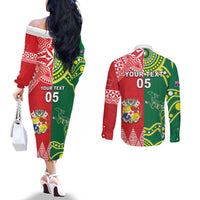 Custom Tonga XIII And Australia Kangaroos Couples Matching Off The Shoulder Long Sleeve Dress and Long Sleeve Button Shirt Mate Maa Tongan Ngatu With Aboriginal LT05 - Polynesian Pride