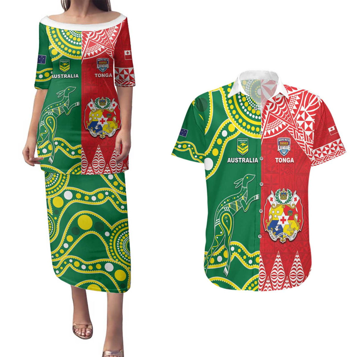 Custom Tonga XIII And Australia Kangaroos Couples Matching Puletasi and Hawaiian Shirt Mate Maa Tongan Ngatu With Aboriginal LT05 Red - Polynesian Pride