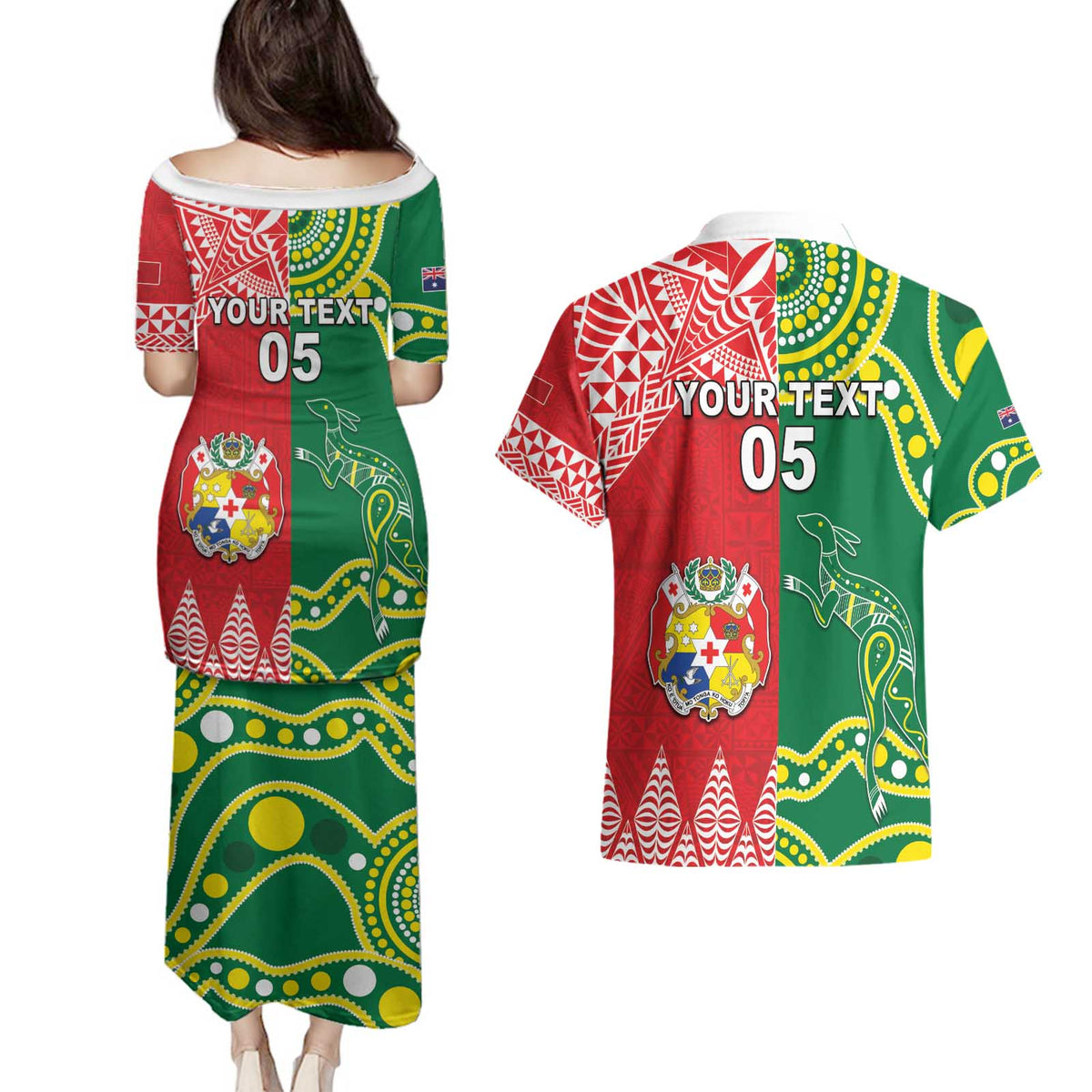 Custom Tonga XIII And Australia Kangaroos Couples Matching Puletasi and Hawaiian Shirt Mate Maa Tongan Ngatu With Aboriginal LT05 - Polynesian Pride