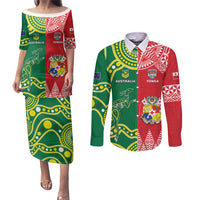 Custom Tonga XIII And Australia Kangaroos Couples Matching Puletasi and Long Sleeve Button Shirt Mate Maa Tongan Ngatu With Aboriginal LT05 Red - Polynesian Pride