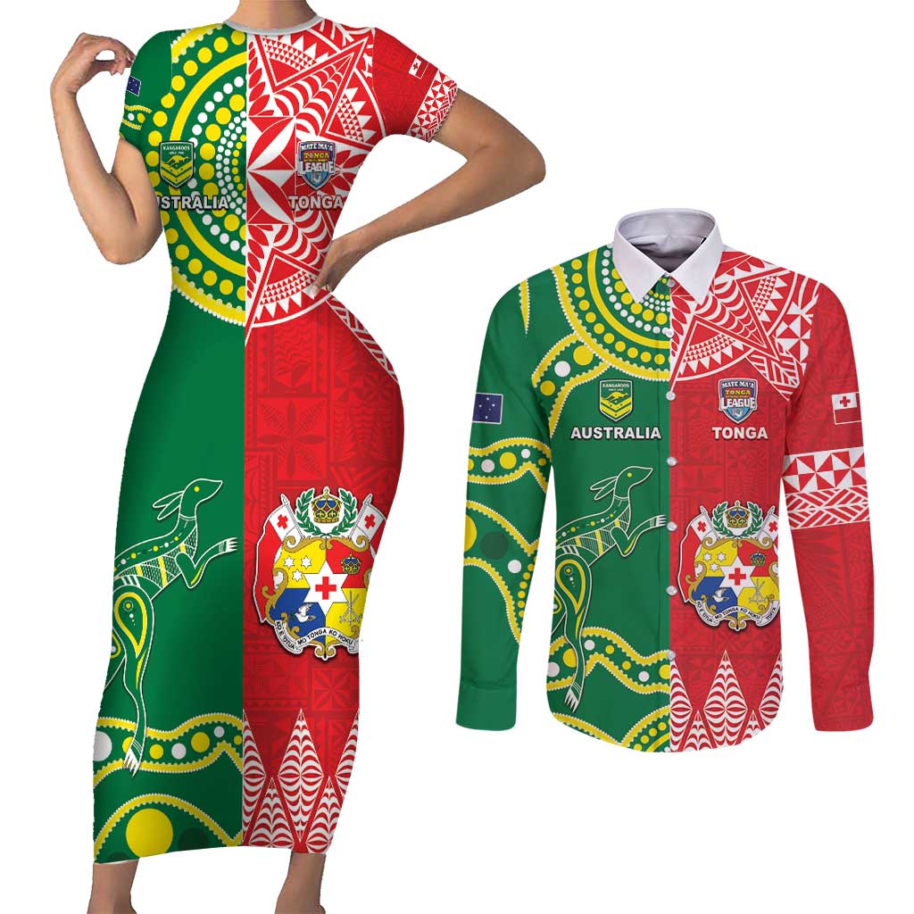 Custom Tonga XIII And Australia Kangaroos Couples Matching Short Sleeve Bodycon Dress and Long Sleeve Button Shirt Mate Maa Tongan Ngatu With Aboriginal LT05 Red - Polynesian Pride