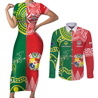 Custom Tonga XIII And Australia Kangaroos Couples Matching Short Sleeve Bodycon Dress and Long Sleeve Button Shirt Mate Maa Tongan Ngatu With Aboriginal LT05 Red - Polynesian Pride