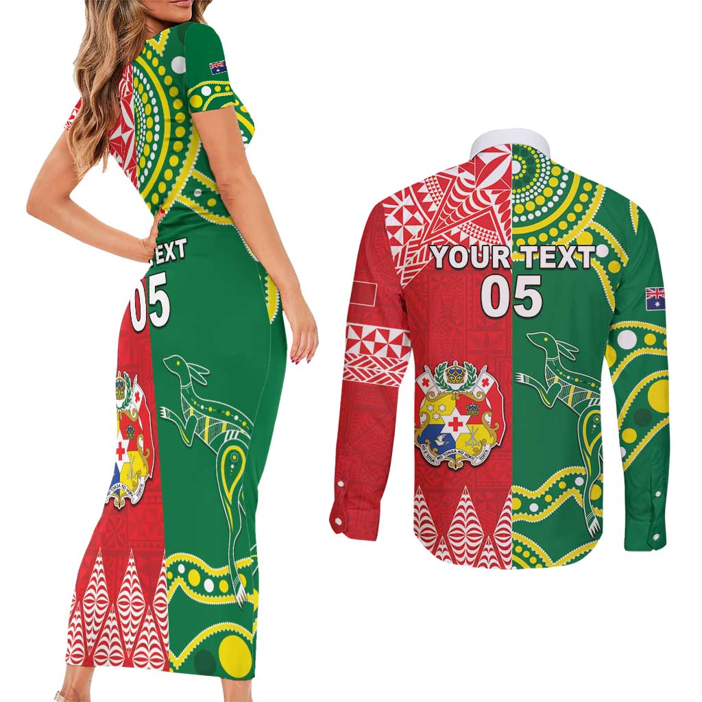 Custom Tonga XIII And Australia Kangaroos Couples Matching Short Sleeve Bodycon Dress and Long Sleeve Button Shirt Mate Maa Tongan Ngatu With Aboriginal LT05 - Polynesian Pride