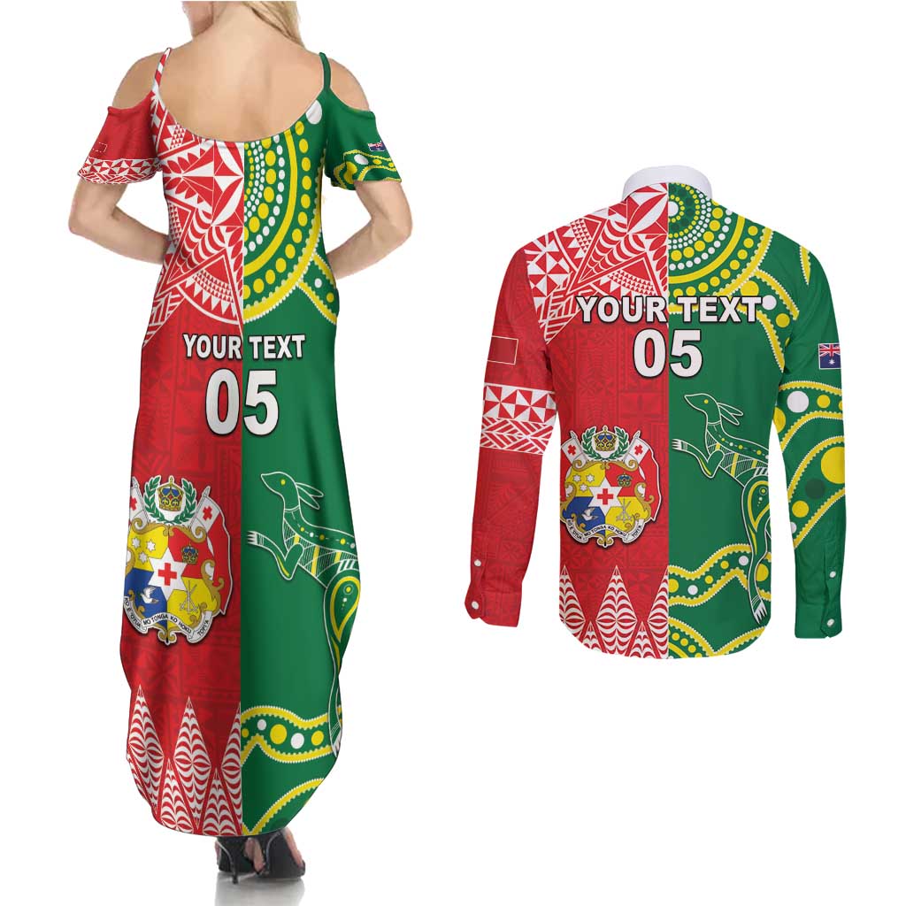 Custom Tonga XIII And Australia Kangaroos Couples Matching Summer Maxi Dress and Long Sleeve Button Shirt Mate Maa Tongan Ngatu With Aboriginal LT05 - Polynesian Pride