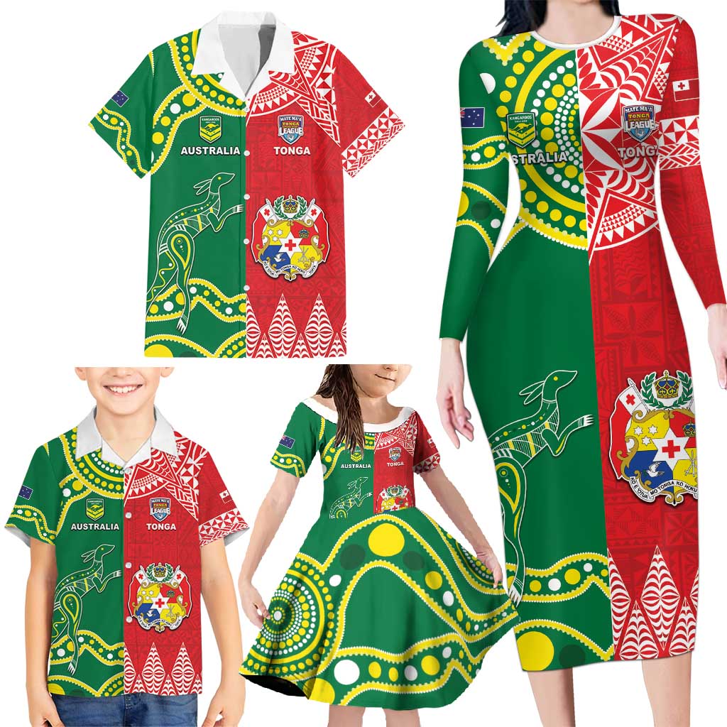 Custom Tonga XIII And Australia Kangaroos Family Matching Long Sleeve Bodycon Dress and Hawaiian Shirt Mate Maa Tongan Ngatu With Aboriginal LT05 - Polynesian Pride