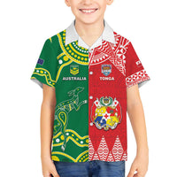 Custom Tonga XIII And Australia Kangaroos Family Matching Off The Shoulder Long Sleeve Dress and Hawaiian Shirt Mate Maa Tongan Ngatu With Aboriginal LT05 Son's Shirt Red - Polynesian Pride