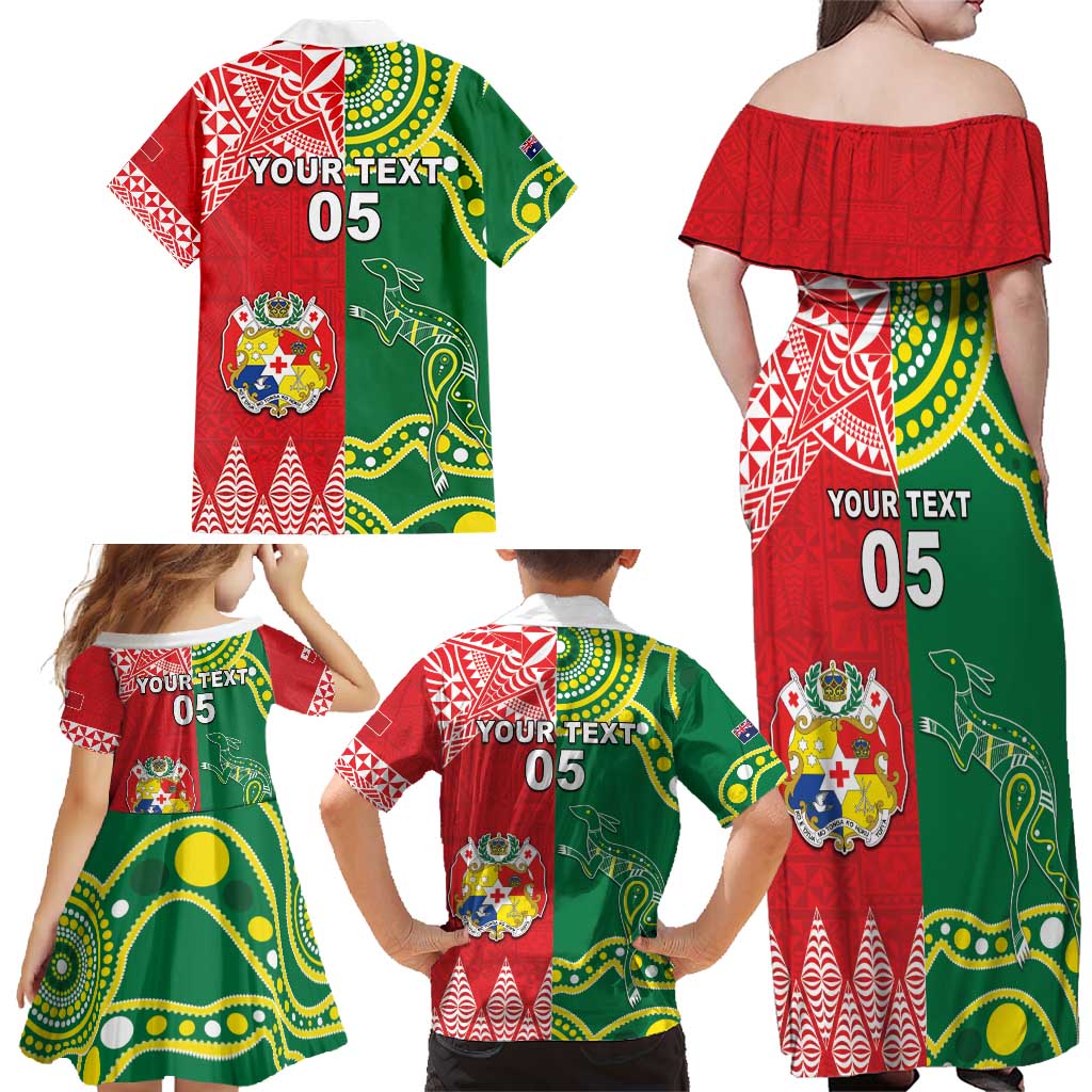 Custom Tonga XIII And Australia Kangaroos Family Matching Off Shoulder Maxi Dress and Hawaiian Shirt Mate Maa Tongan Ngatu With Aboriginal LT05 - Polynesian Pride