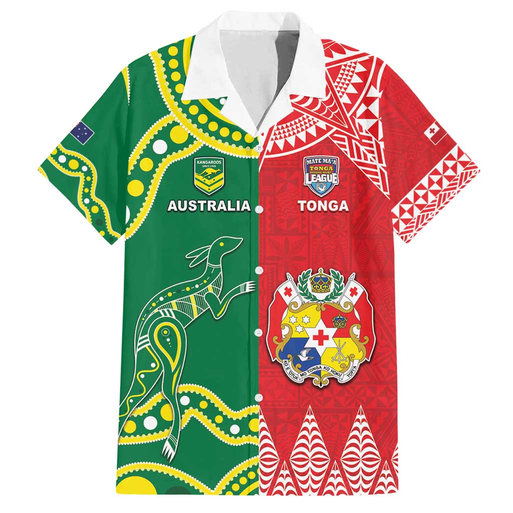 Custom Tonga XIII And Australia Kangaroos Family Matching Off Shoulder Maxi Dress and Hawaiian Shirt Mate Maa Tongan Ngatu With Aboriginal LT05 Dad's Shirt - Short Sleeve Red - Polynesian Pride