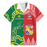 Custom Tonga XIII And Australia Kangaroos Family Matching Off Shoulder Maxi Dress and Hawaiian Shirt Mate Maa Tongan Ngatu With Aboriginal LT05 Dad's Shirt - Short Sleeve Red - Polynesian Pride