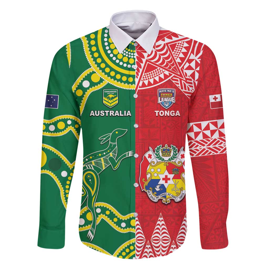 Custom Tonga XIII And Australia Kangaroos Family Matching Off Shoulder Maxi Dress and Hawaiian Shirt Mate Maa Tongan Ngatu With Aboriginal LT05 Dad's Shirt - Long Sleeve Red - Polynesian Pride