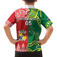Custom Tonga XIII And Australia Kangaroos Family Matching Off Shoulder Short Dress and Hawaiian Shirt Mate Maa Tongan Ngatu With Aboriginal LT05 - Polynesian Pride