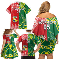 Custom Tonga XIII And Australia Kangaroos Family Matching Off Shoulder Short Dress and Hawaiian Shirt Mate Maa Tongan Ngatu With Aboriginal LT05 - Polynesian Pride