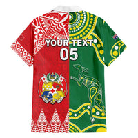 Custom Tonga XIII And Australia Kangaroos Family Matching Off Shoulder Short Dress and Hawaiian Shirt Mate Maa Tongan Ngatu With Aboriginal LT05 - Polynesian Pride