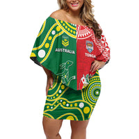 Custom Tonga XIII And Australia Kangaroos Family Matching Off Shoulder Short Dress and Hawaiian Shirt Mate Maa Tongan Ngatu With Aboriginal LT05 Mom's Dress Red - Polynesian Pride