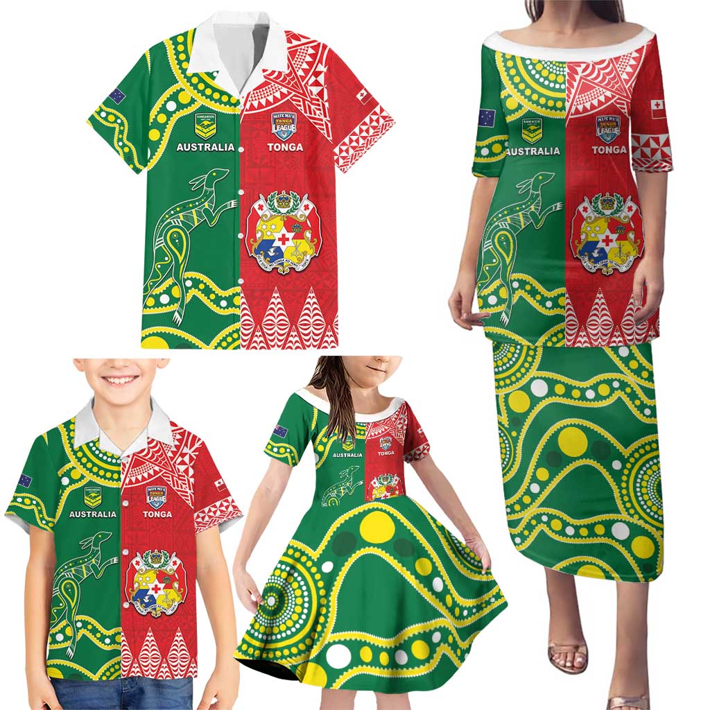 Custom Tonga XIII And Australia Kangaroos Family Matching Puletasi and Hawaiian Shirt Mate Maa Tongan Ngatu With Aboriginal LT05 - Polynesian Pride