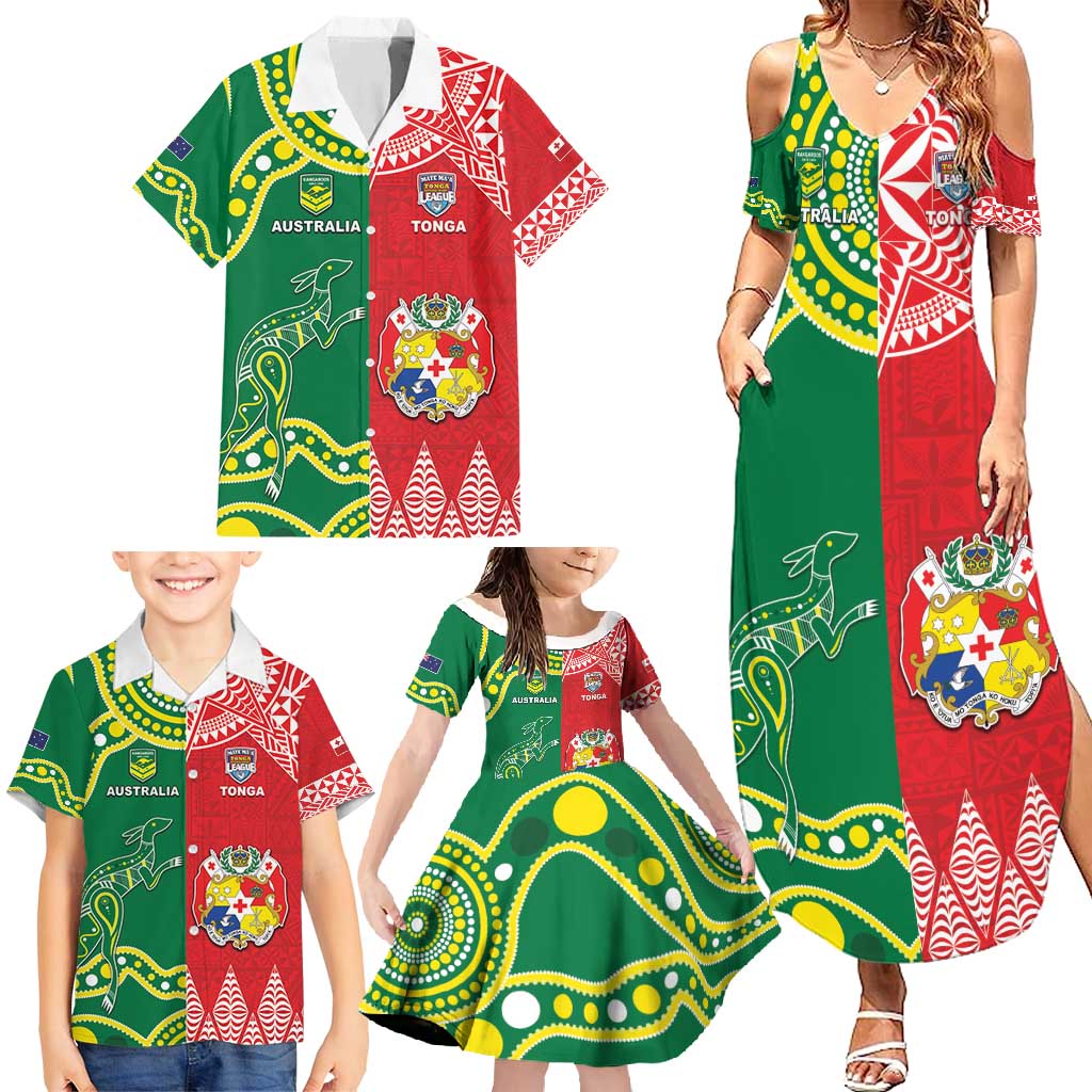 Custom Tonga XIII And Australia Kangaroos Family Matching Summer Maxi Dress and Hawaiian Shirt Mate Maa Tongan Ngatu With Aboriginal LT05 - Polynesian Pride