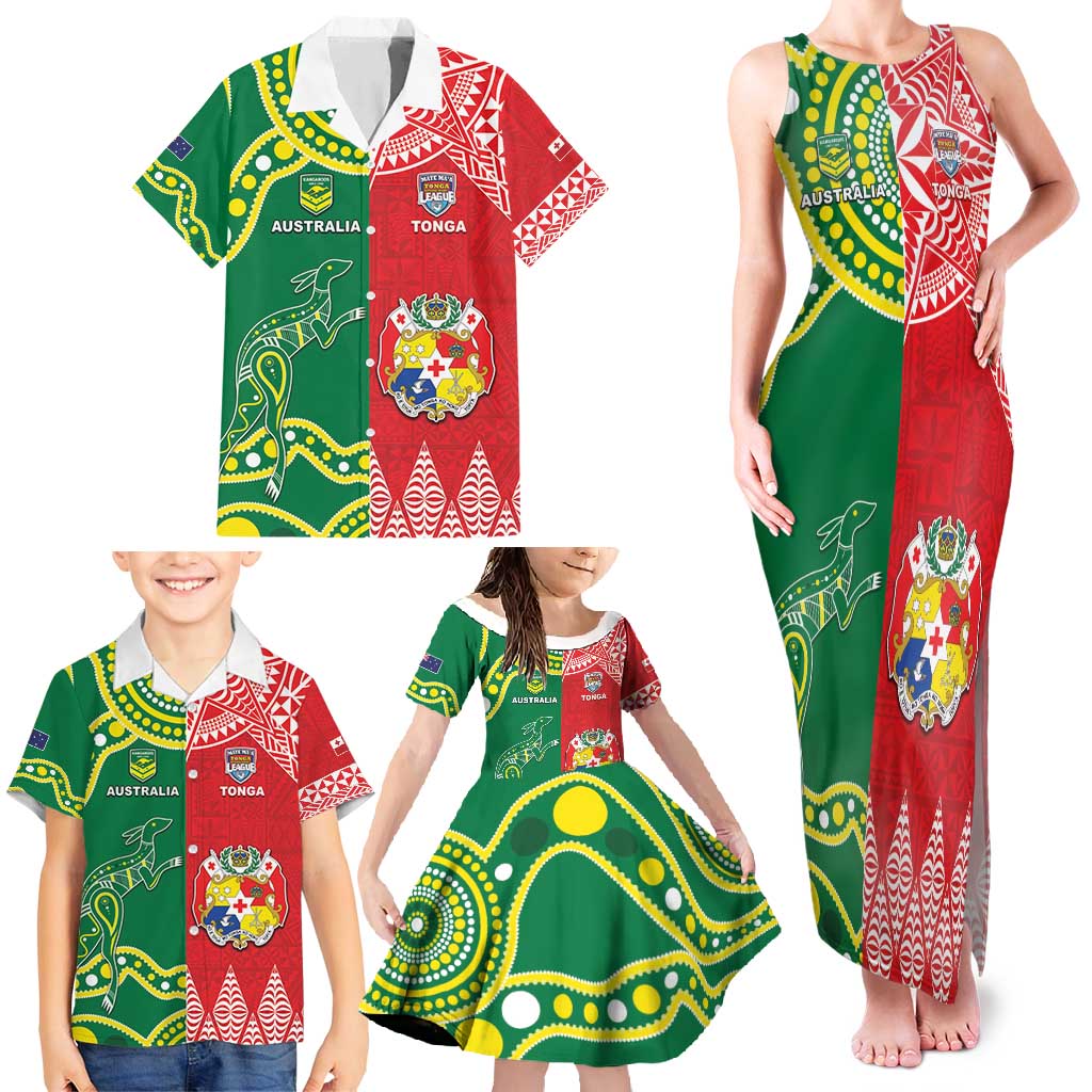 Custom Tonga XIII And Australia Kangaroos Family Matching Tank Maxi Dress and Hawaiian Shirt Mate Maa Tongan Ngatu With Aboriginal LT05 - Polynesian Pride