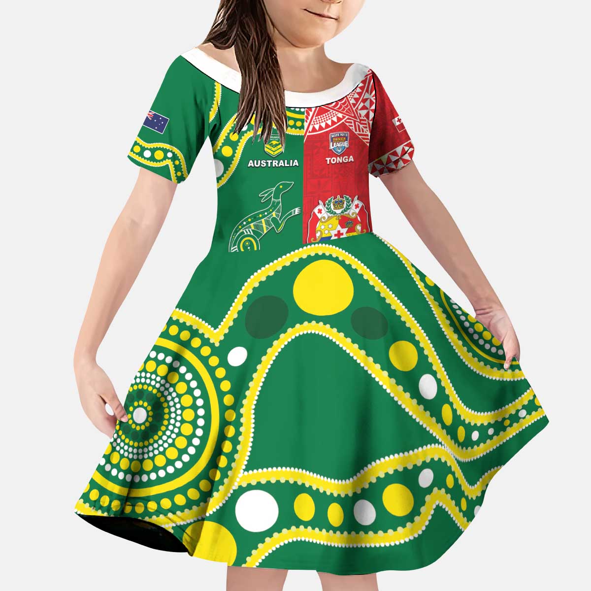 Custom Tonga XIII And Australia Kangaroos Kid Short Sleeve Dress Mate Maa Tongan Ngatu With Aboriginal LT05 KID Red - Polynesian Pride