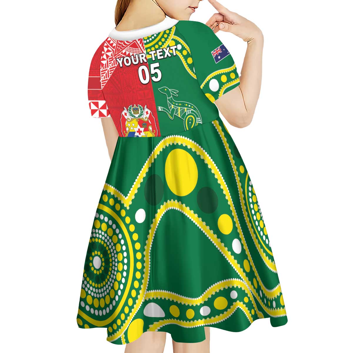Custom Tonga XIII And Australia Kangaroos Kid Short Sleeve Dress Mate Maa Tongan Ngatu With Aboriginal LT05 - Polynesian Pride