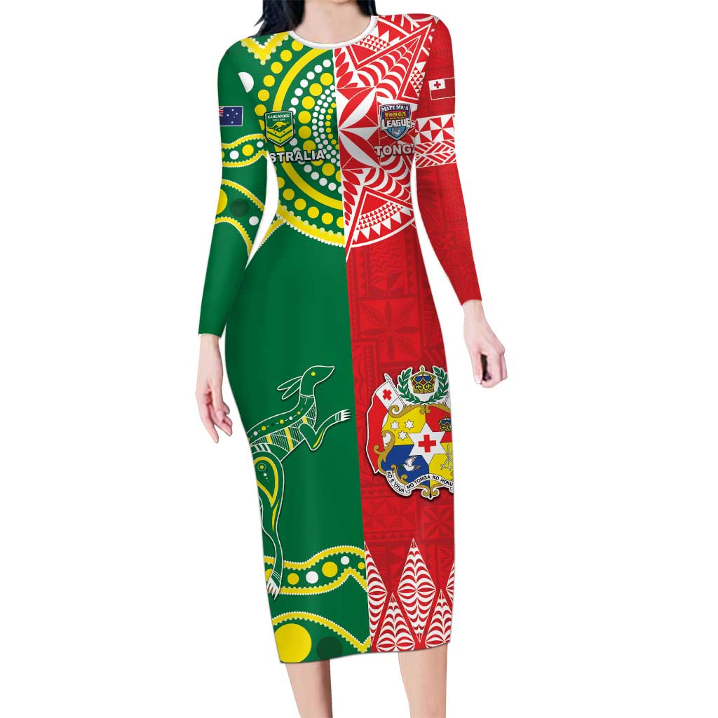 Custom Tonga XIII And Australia Kangaroos Long Sleeve Bodycon Dress Mate Maa Tongan Ngatu With Aboriginal LT05 Long Dress Red - Polynesian Pride