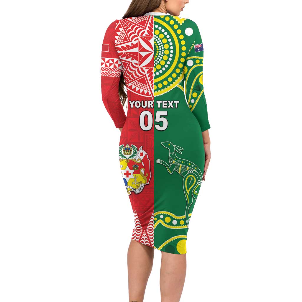Custom Tonga XIII And Australia Kangaroos Long Sleeve Bodycon Dress Mate Maa Tongan Ngatu With Aboriginal LT05 - Polynesian Pride