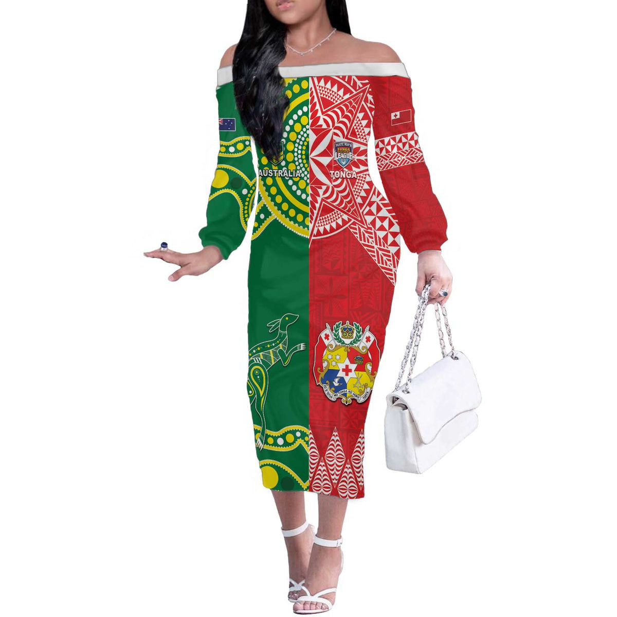 Custom Tonga XIII And Australia Kangaroos Off The Shoulder Long Sleeve Dress Mate Maa Tongan Ngatu With Aboriginal LT05 Women Red - Polynesian Pride