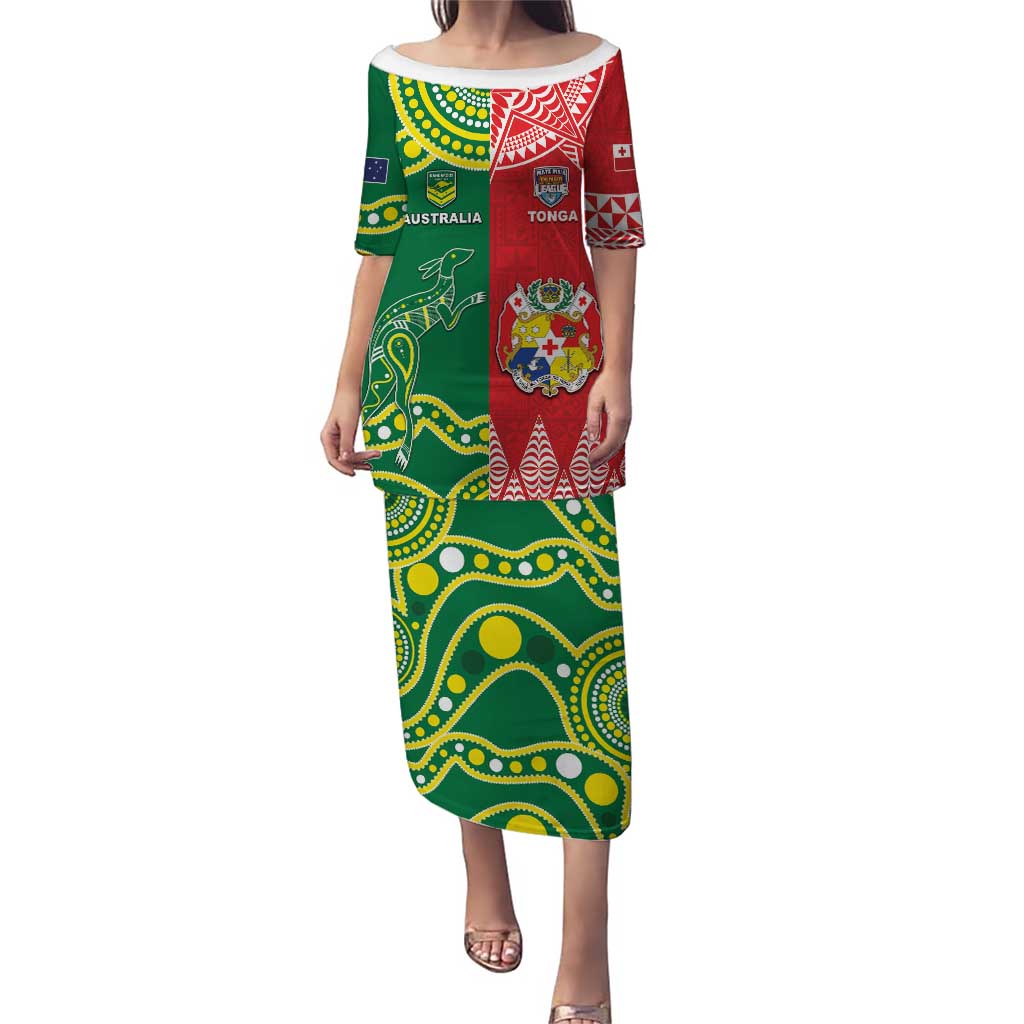 Custom Tonga XIII And Australia Kangaroos Puletasi Mate Maa Tongan Ngatu With Aboriginal LT05 Long Dress Red - Polynesian Pride