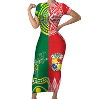 Custom Tonga XIII And Australia Kangaroos Short Sleeve Bodycon Dress Mate Maa Tongan Ngatu With Aboriginal LT05 Long Dress Red - Polynesian Pride