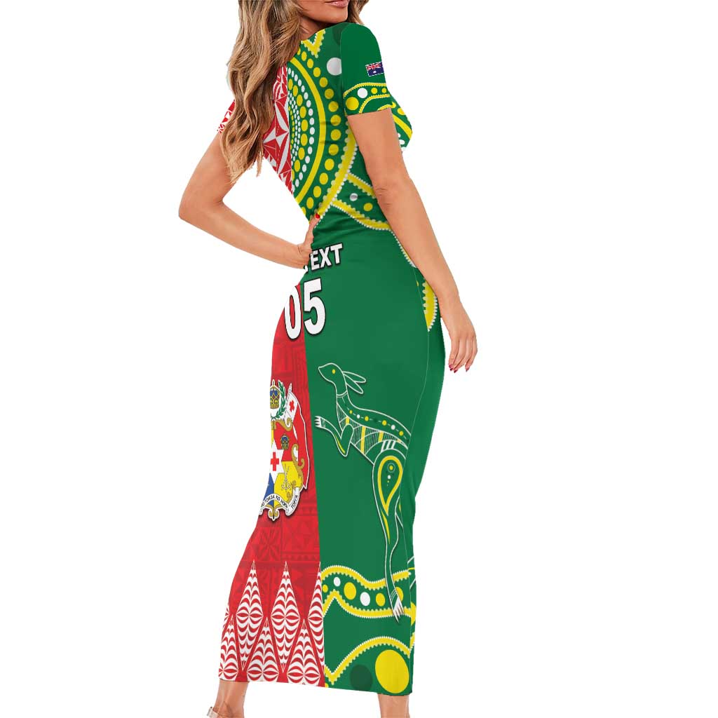 Custom Tonga XIII And Australia Kangaroos Short Sleeve Bodycon Dress Mate Maa Tongan Ngatu With Aboriginal LT05 - Polynesian Pride