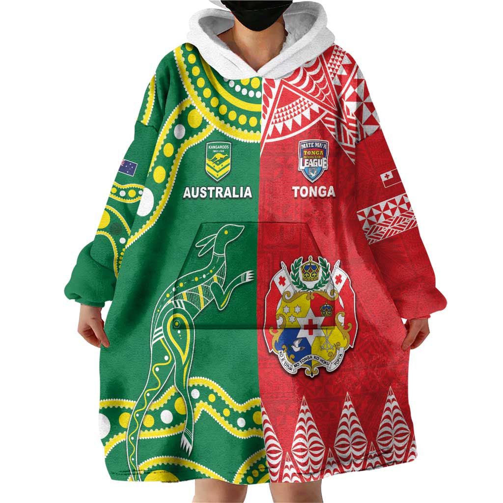 Custom Tonga XIII And Australia Kangaroos Wearable Blanket Hoodie Mate Maa Tongan Ngatu With Aboriginal LT05 - Polynesian Pride