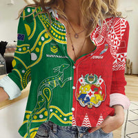 Custom Tonga XIII And Australia Kangaroos Women Casual Shirt Mate Maa Tongan Ngatu With Aboriginal LT05 Female Red - Polynesian Pride