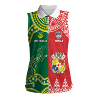 Custom Tonga XIII And Australia Kangaroos Women Sleeveless Polo Shirt Mate Maa Tongan Ngatu With Aboriginal LT05 Female Red - Polynesian Pride