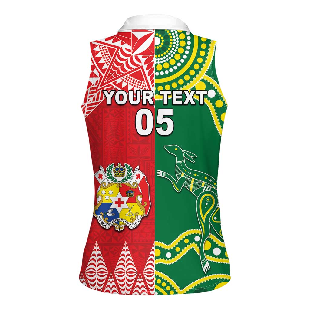Custom Tonga XIII And Australia Kangaroos Women Sleeveless Polo Shirt Mate Maa Tongan Ngatu With Aboriginal LT05 - Polynesian Pride