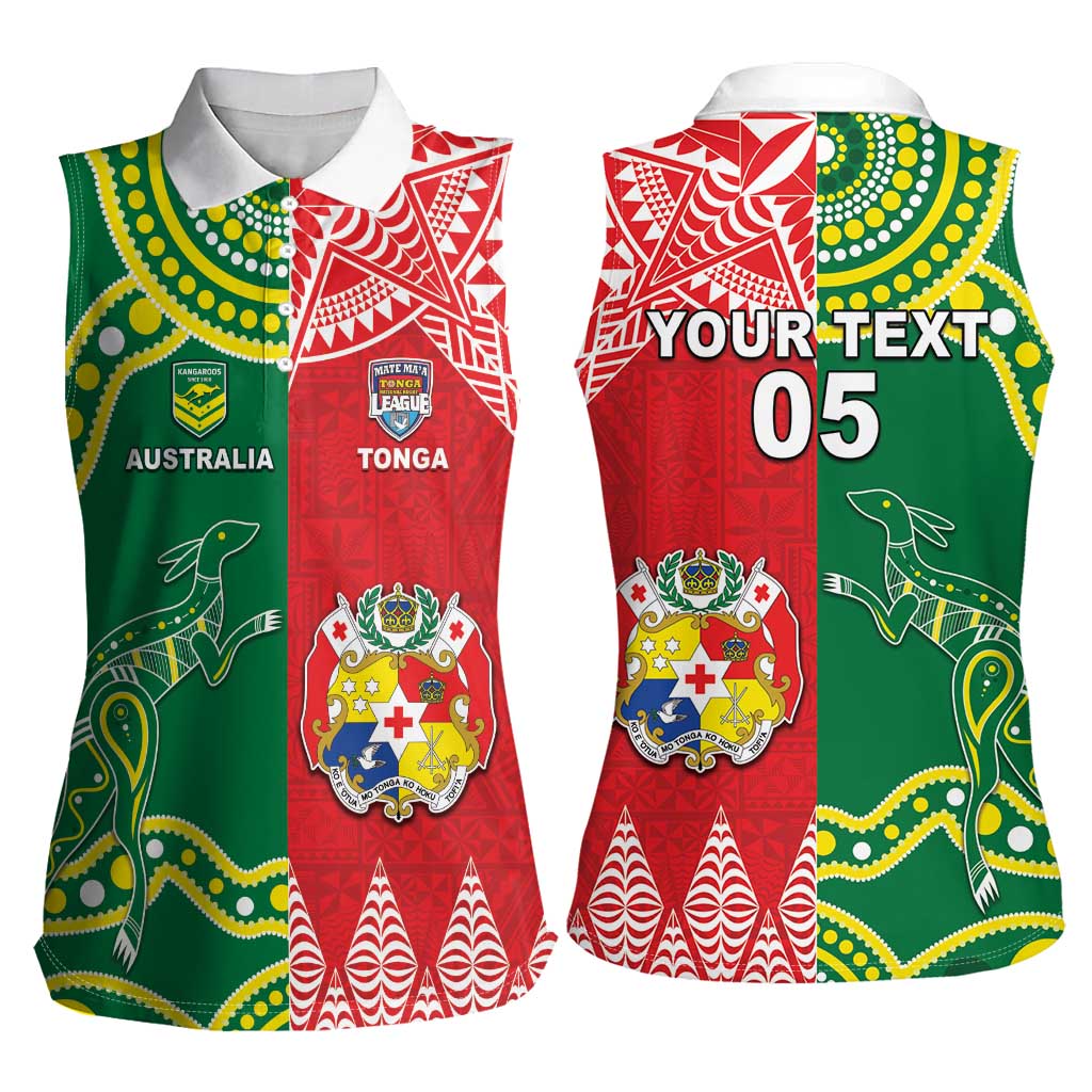 Custom Tonga XIII And Australia Kangaroos Women Sleeveless Polo Shirt Mate Maa Tongan Ngatu With Aboriginal LT05 - Polynesian Pride