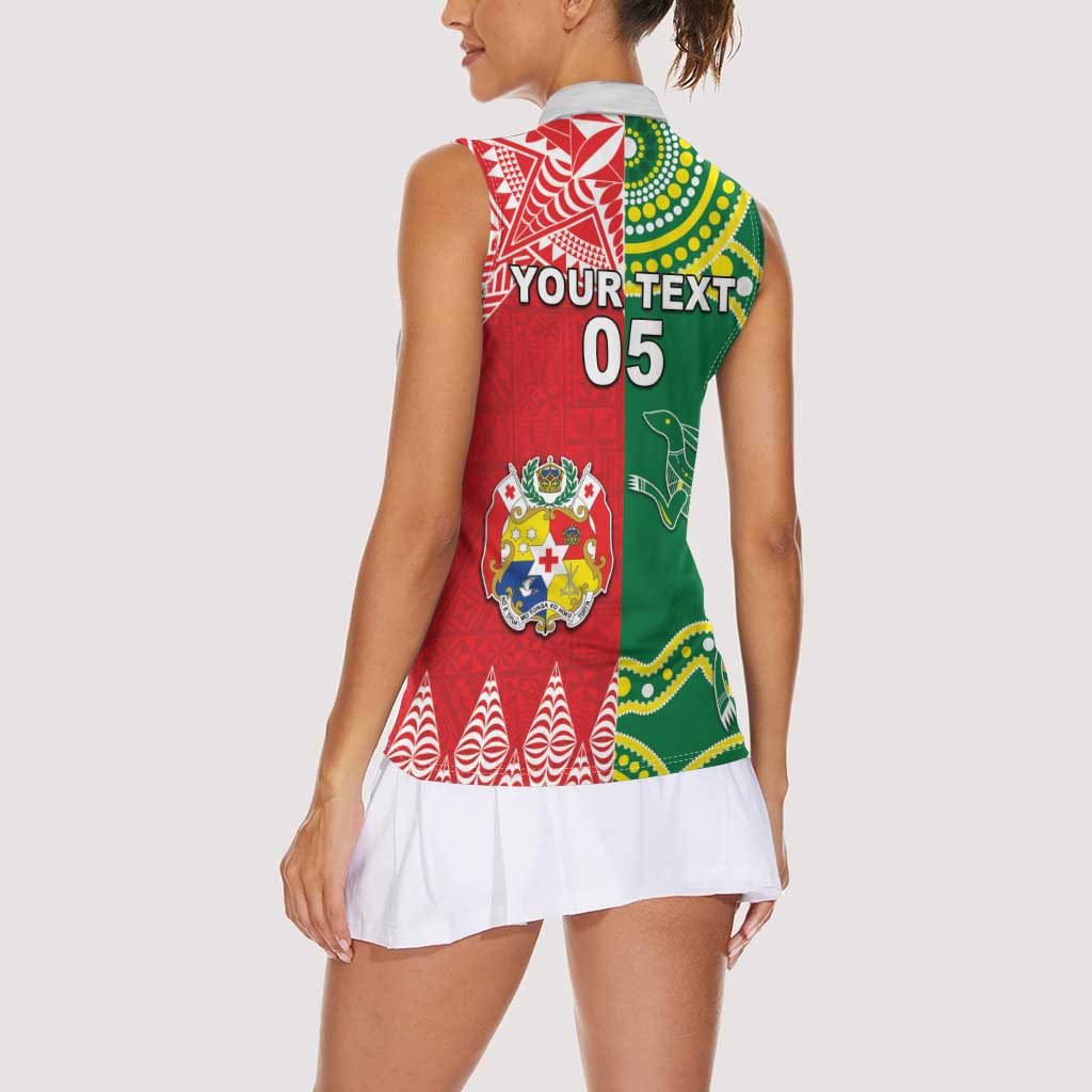 Custom Tonga XIII And Australia Kangaroos Women Sleeveless Polo Shirt Mate Maa Tongan Ngatu With Aboriginal LT05 - Polynesian Pride