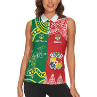 Custom Tonga XIII And Australia Kangaroos Women Sleeveless Polo Shirt Mate Maa Tongan Ngatu With Aboriginal LT05 - Polynesian Pride
