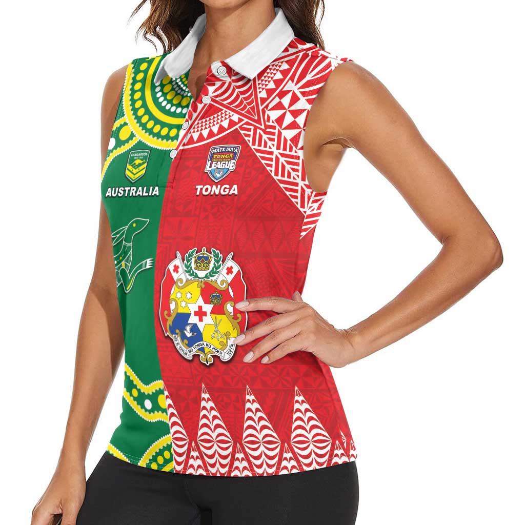 Custom Tonga XIII And Australia Kangaroos Women Sleeveless Polo Shirt Mate Maa Tongan Ngatu With Aboriginal LT05 - Polynesian Pride