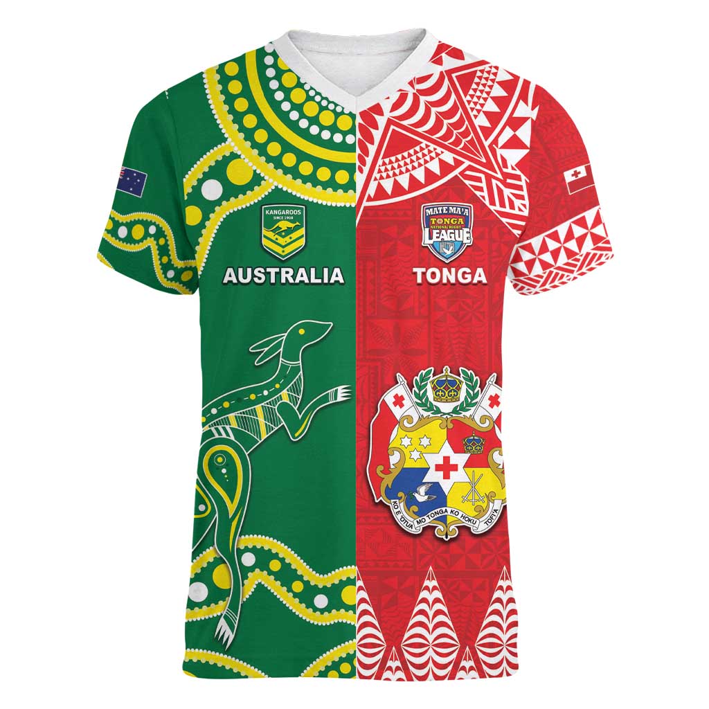 Custom Tonga XIII And Australia Kangaroos Women V-Neck T-Shirt Mate Maa Tongan Ngatu With Aboriginal LT05 Female Red - Polynesian Pride