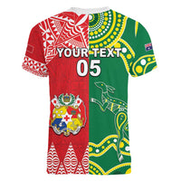 Custom Tonga XIII And Australia Kangaroos Women V-Neck T-Shirt Mate Maa Tongan Ngatu With Aboriginal LT05 - Polynesian Pride